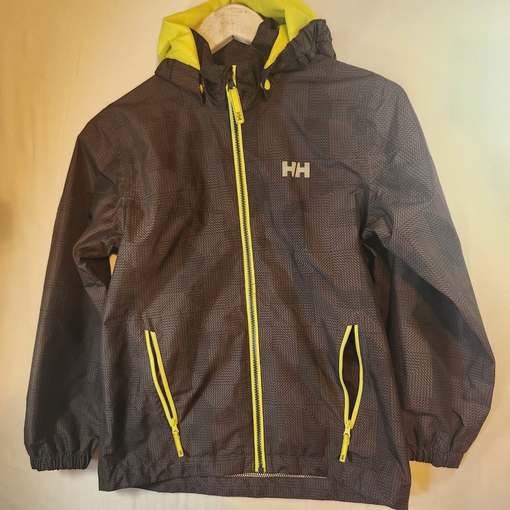 Helly Hansen Kids Grey Neon Yellow Geometric Print Hooded Windbreaker flaw
